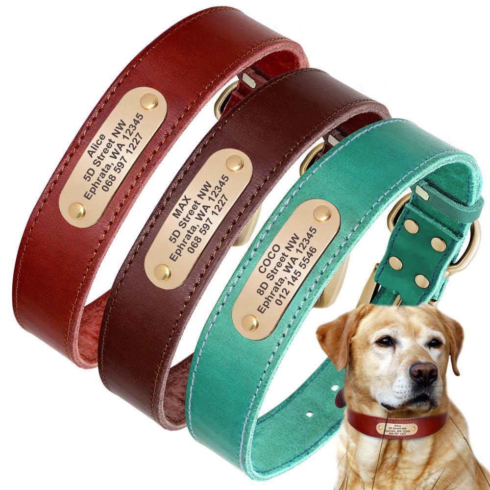 Custom Engraved Leather Dog Collar With Golden Nameplate - Personalized Identification For Medium To Large Dogs-3