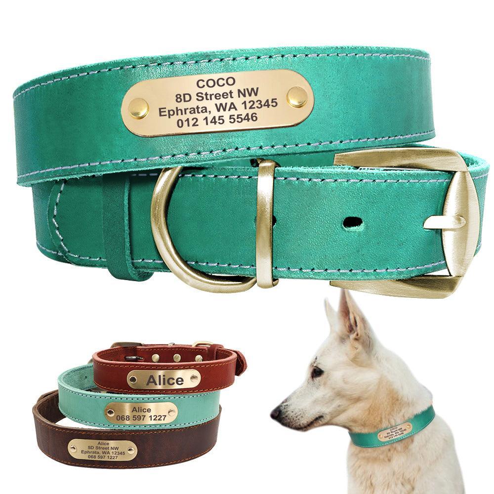 Custom Engraved Leather Dog Collar With Golden Nameplate - Personalized Identification For Medium To Large Dogs-2