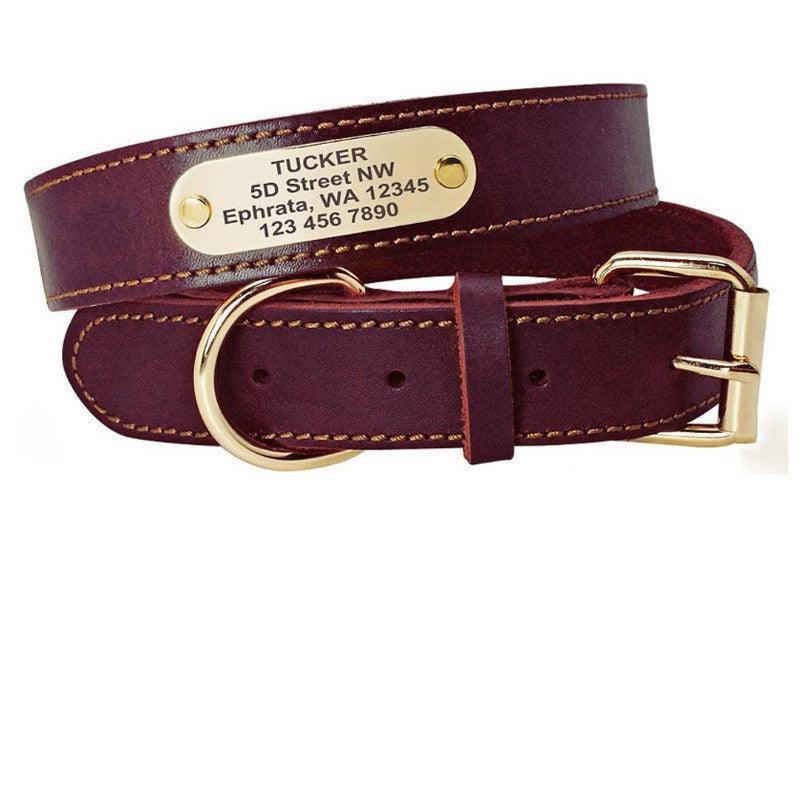 Custom Engraved Leather Dog Collar With Golden Nameplate - Personalized Identification For Medium To Large Dogs-1