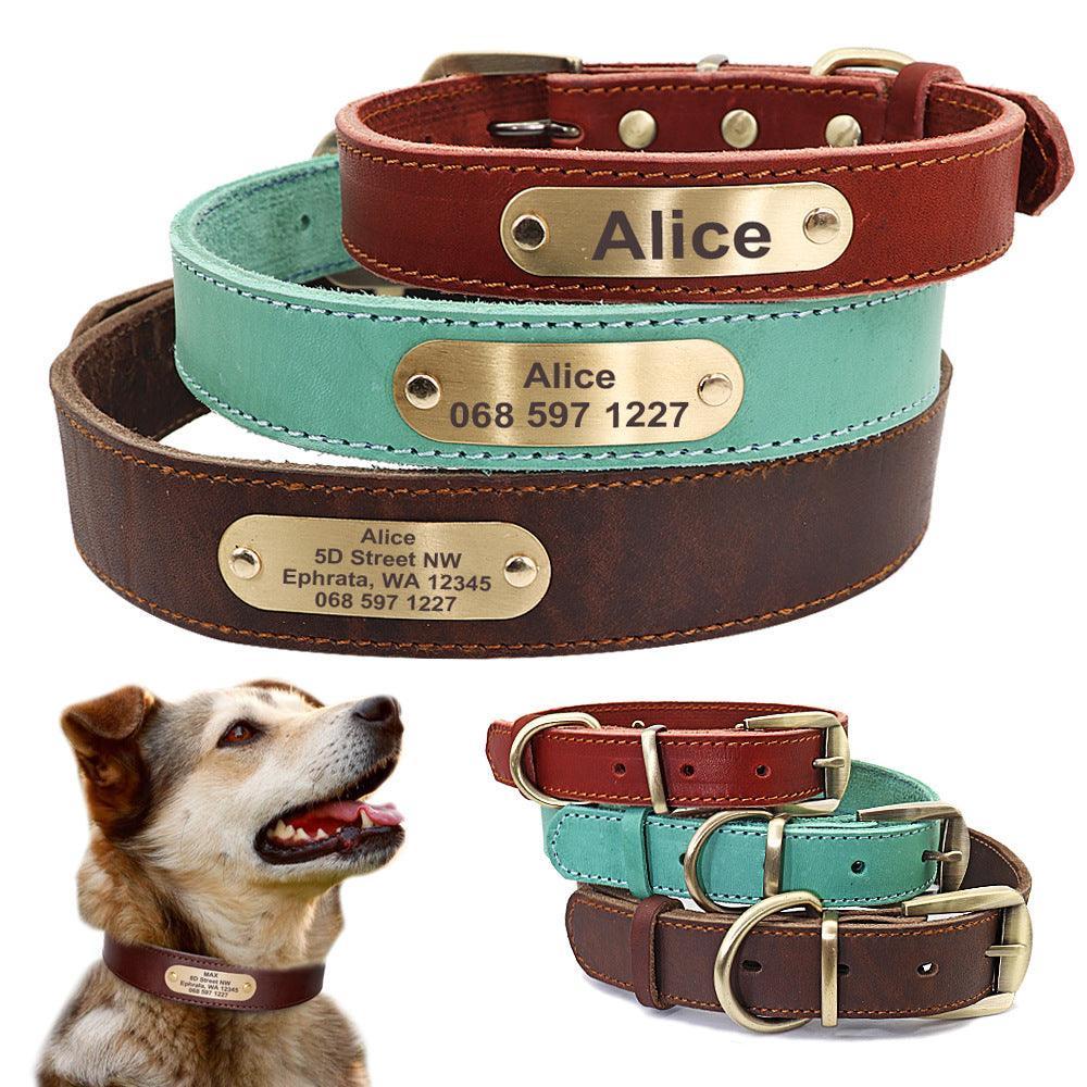 Custom Engraved Leather Dog Collar With Golden Nameplate - Personalized Identification For Medium To Large Dogs-0